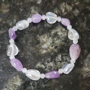 Handmade Purple Amethyst And White Quartz Potato Beaded Stretch Bracelet